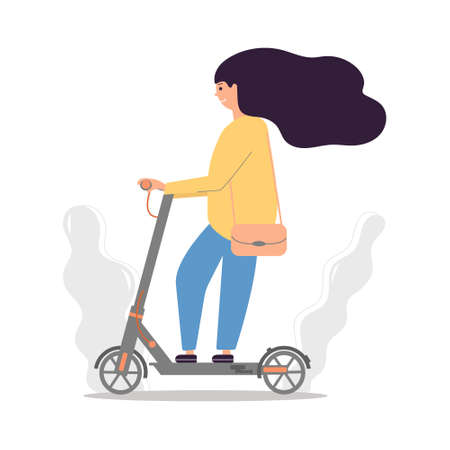 Young woman with shoulder bag riding electric scooter, type of urban transportation. Flat vector illustration.のイラスト素材