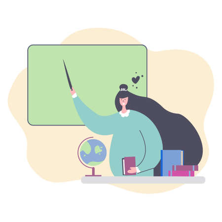 Teacher woman stands with a pointer in her hand at the blackboard, at a table with globe and textbooks. Back to school, favorite work concept. Teachers day, education, studying, lesson. Flat design.のイラスト素材
