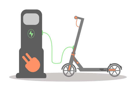 Scooter charging station. Ecological public transport. Electric battery charger. Flat illustration.のイラスト素材