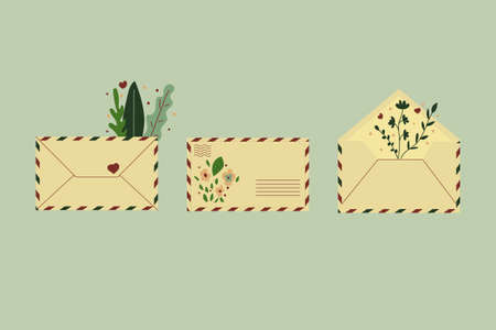 Greeting cards and envelopes for wedding invitations or romantic messages, stylish and beautiful. Flat illustration.のイラスト素材