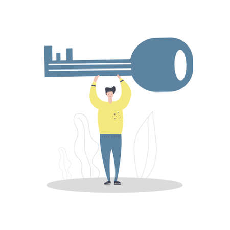 Man holding large key in his hands. Flat illustration. Success concept or business.のイラスト素材