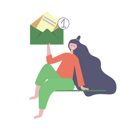 Girl young woman holds big envelope with one message. Notification, post, email, service concept. Flat illustration.のイラスト素材