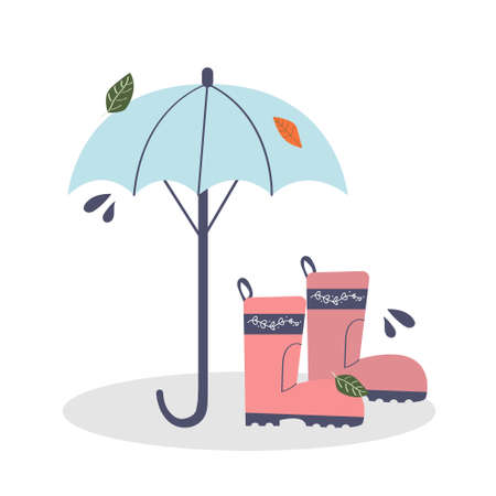 Umbrella and rubber boots for rainy autumn day. Flat illustration.のイラスト素材