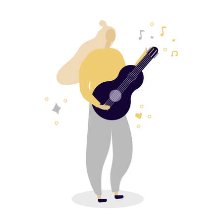 Woman with guitar, love music, festival, romance, music classes or education concept. Flat illustration.のイラスト素材