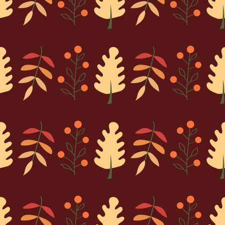 Seamless pattern of leaves on dark brown background. Flat illustration.のイラスト素材