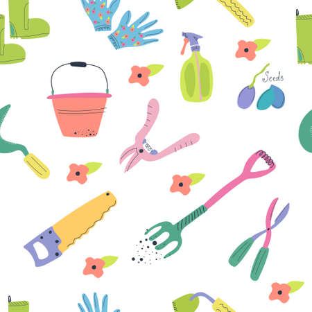 Hand drawn seamless pattern of garden tools. Cute and bright flat illustration.のイラスト素材