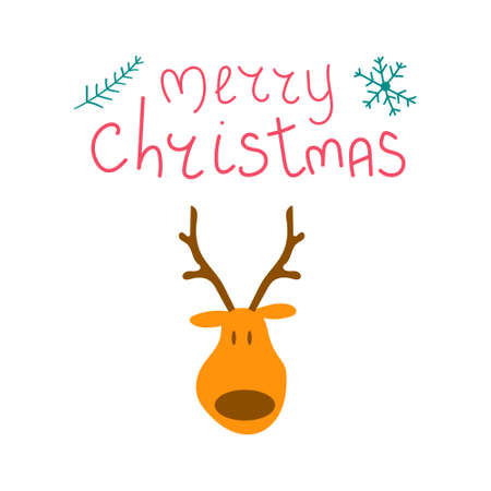 Hand drawn text Merry Christmas with reindeer. Flat illustration for greeting card or postcard design.のイラスト素材