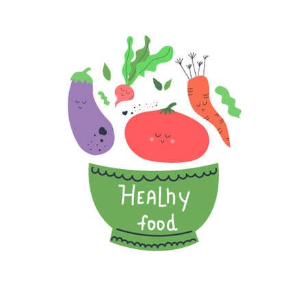 Hand drawn bowl or dish with cute vegetables, eggplant, tomato, radish, carrot and text Healthy food. Flat illustration for diet, vegan concept design.のイラスト素材