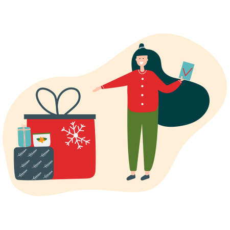 Happy woman with many gift boxes and check list done. Hand drawn flat illustration for Christmas and New Year design.のイラスト素材