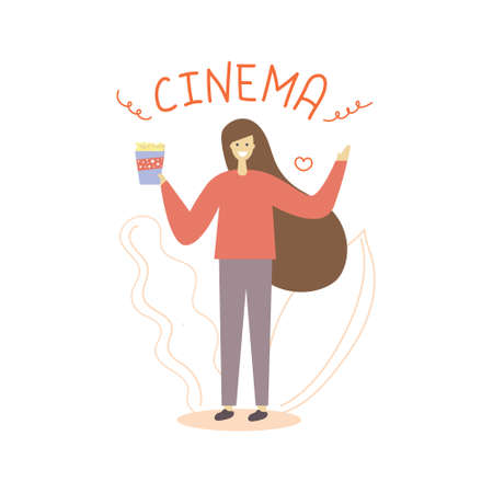 Funny girl smiles and holds popcorn in her hands. Hand drawn flat illustration. Text cinema.のイラスト素材