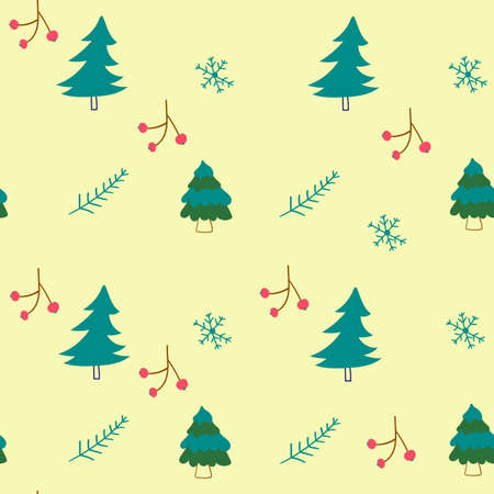 Seamless pattern of christmas tree, snowflakes, berry. Forest, winter concept for wrapping paper...