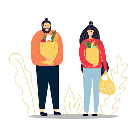 Man and woman with grocery bags in their hands, shopping concept. Flat illustration.のイラスト素材