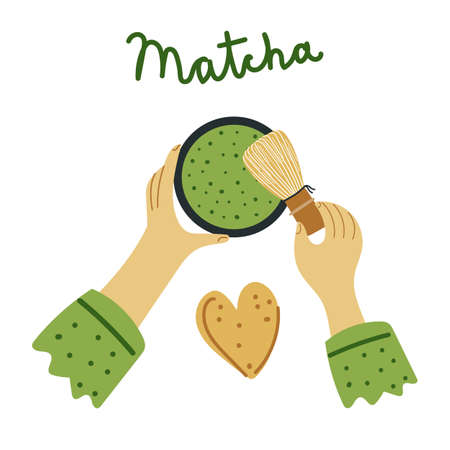 Hands holding tea items. Text Matcha. Hand drawn flat illustration.のイラスト素材