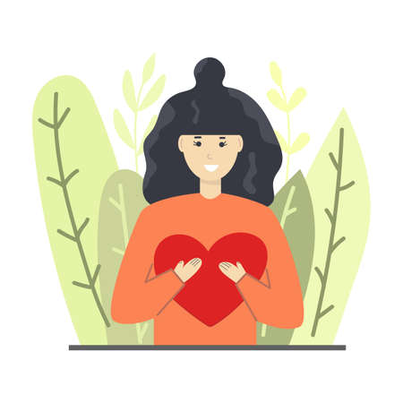 Young girl hold a big heart in her hand and smile. Charity, donate concept. Flat modern illustration.のイラスト素材