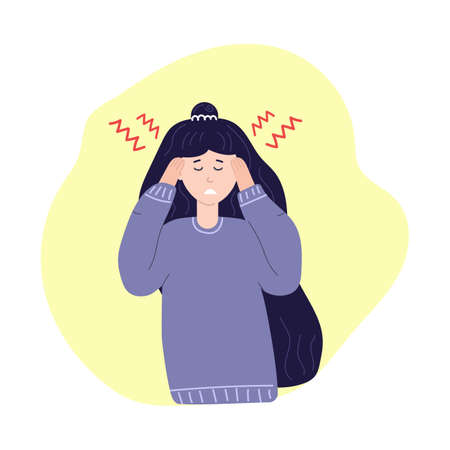 Unhappy woman with severe headache. Migraine, health problems and pain head. Flat illustration.のイラスト素材