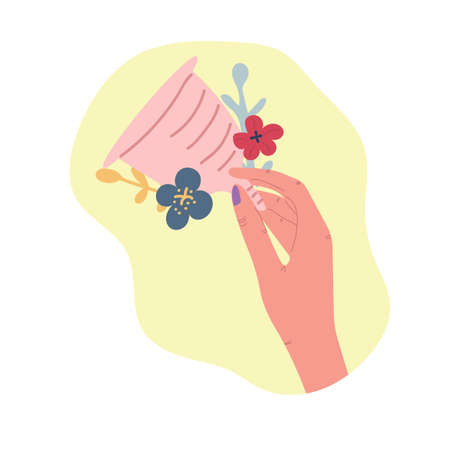 Hand holding menstrual cup. Flat illustration. Period, zero waste concept.のイラスト素材