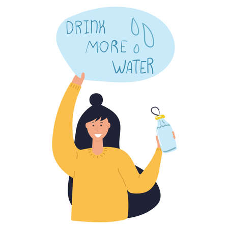 Young woman with bottle of water and banner with text Drink More Water. Flat illustration.のイラスト素材