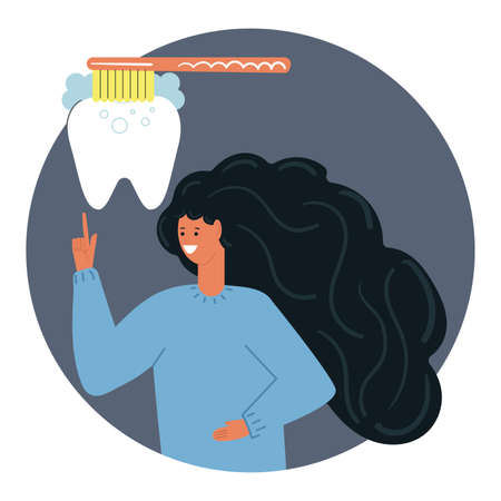 Girl shows that it is important to brush your teeth every day. Flat illustration. Dental care concept.のイラスト素材