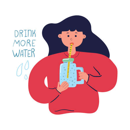 Girl drinks from a tube in jar with water. Hand drawn text drink more water. Flat illustration.のイラスト素材