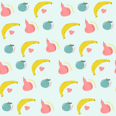 Hand drawn seamless pattern of fruits. Color banana, pear and apple. Cute childish design. Flat...