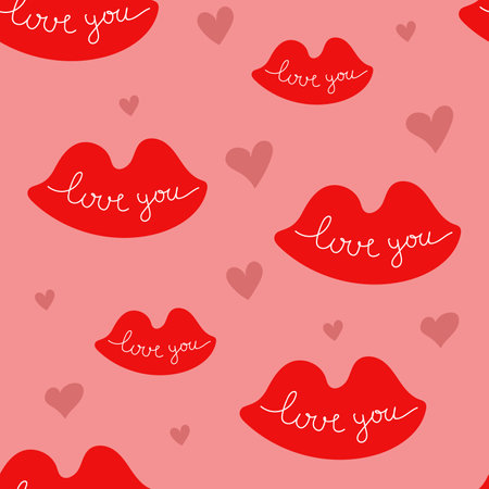 Hand drawn seamless pattern with red lips and text Love you and little hearts. Flat illustration on pink background. Love, Valentines day concept.のイラスト素材