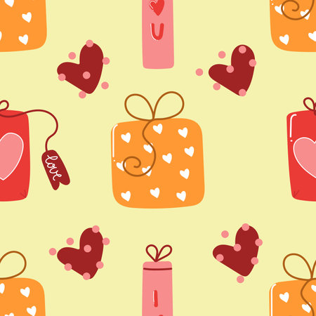 Hand drawn seamless pattern of gift boxes with hearts, Valentines day concept.のイラスト素材