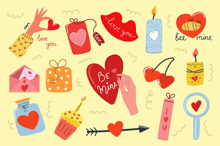 Big set of hand drawn elements of love. Valentines day concept. Modern flat illustration.のイラスト素材