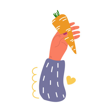 Hand holding carrot. Love vegetables concept. Flat drawn illustration.のイラスト素材