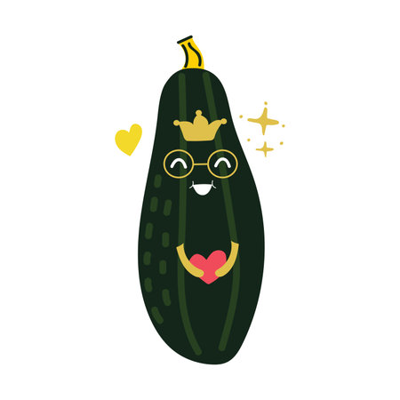Hand drawn cute zucchini with face. Flat isolated illustration.のイラスト素材