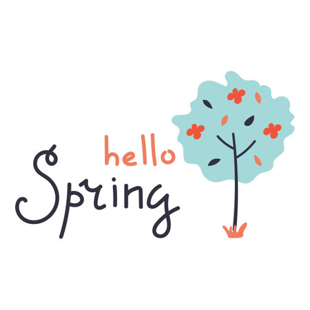 Hand drawn text hello Spring and tree. Flat illustration.のイラスト素材