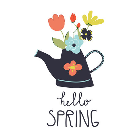 Hand drawn watering can or kettle with flowers and text Hello Spring. Flat illustration for greeting card design.のイラスト素材