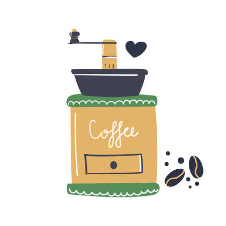 Hand drawn classic coffee grinder. Flat illustration. Cooking, kitchen concept.のイラスト素材