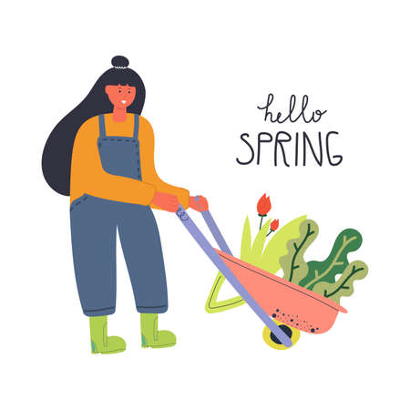 Girl with wheelbarrow. Text Hello spring. Gardening concept. Hand drawn flat illustration.のイラスト素材