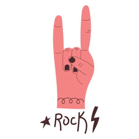 Hand drawn Rock or Heavy Metal hand sign, two fingers up. Flat illustration.のイラスト素材