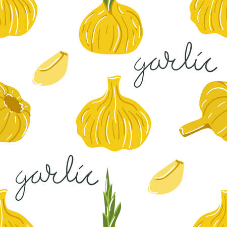 Hand drawn seamless pattern of garlic. Yellow, golden colors. Flat illustration.のイラスト素材