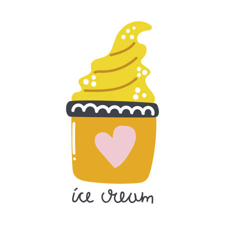 Hand drawn soft ice cream in a cup. Summer dessert concept. Modern flat illustration.のイラスト素材