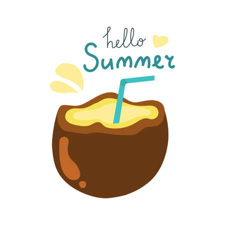 Exotic coconut cocktail with straw and text hello summer.のイラスト素材