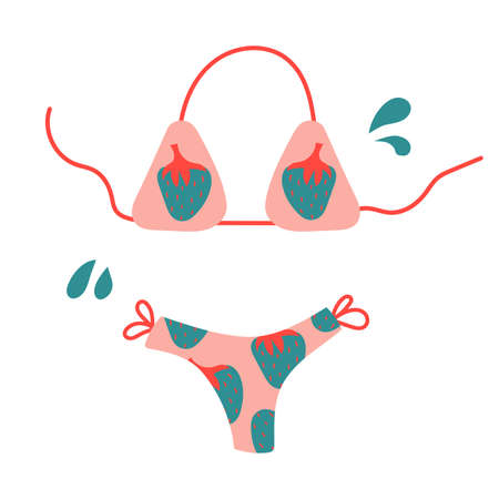 Hand drawn swimsuit, bikini with strawberry print. Flat illustration. Summer concept.のイラスト素材