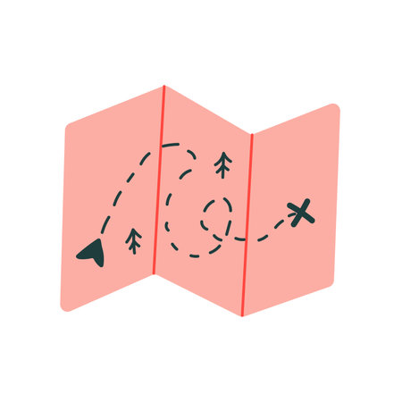 Paper folded map with route. Map for camping, tourism and hiking. Flat illustration.のイラスト素材