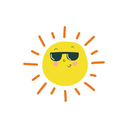 Cute and fun sun in sunglasses with face. Nursery design.のイラスト素材