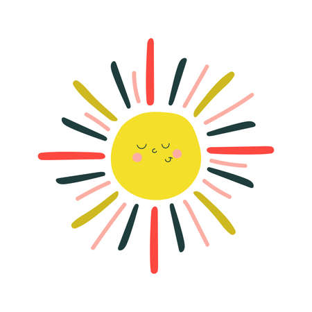 Cute modern sun illustration with face. Nursery design.のイラスト素材