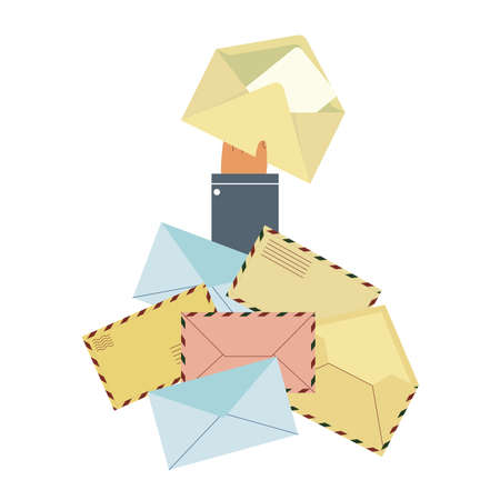 Hand holding an envelope, lots of letters, incoming mail concept. Flat illustration. Email.のイラスト素材