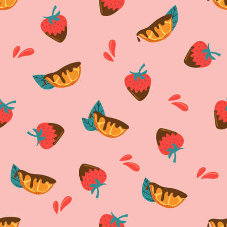 Seamless pattern of orange slice and strawberry in chocolate on pink background.のイラスト素材