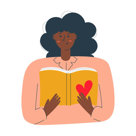 African American woman with book, love reading, education. concept. Flat illustration.のイラスト素材