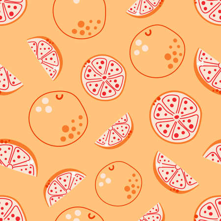Seamless pattern of hand drawn grapefruits or oranges on orange background.のイラスト素材