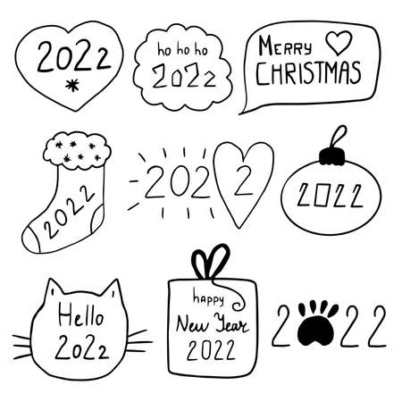 Doodle set of hand drawn text 2022, new year, Merry Christmas.