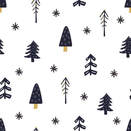 Hand rawn seamless pattern of christmas tree with snowflakes. Flat illustration on white background.