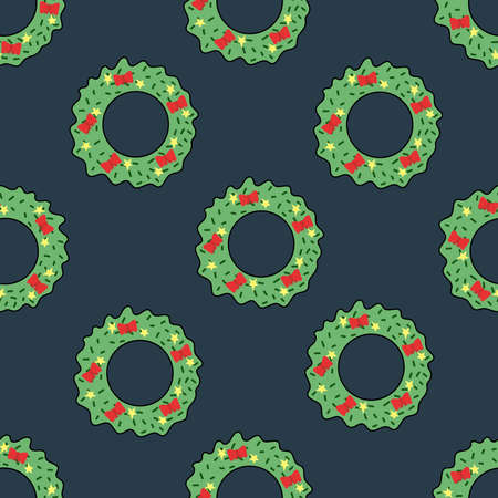 Seamless pattern christmas wreath with black outline on dark blue background. Seamless pattern christmas wreath with black outline on dark blue background.のイラスト素材