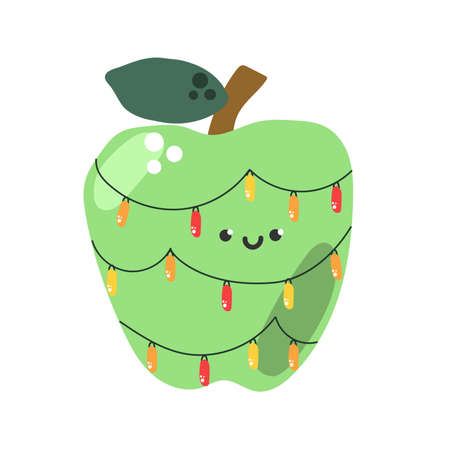 Hand drawn cute apple with a garland and funny face. Merry Christmas or birthday concept for greeting card.のイラスト素材