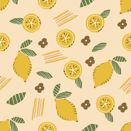 Seamless pattern of hand drawn lemon, citrus fruit. Flat modern background.のイラスト素材